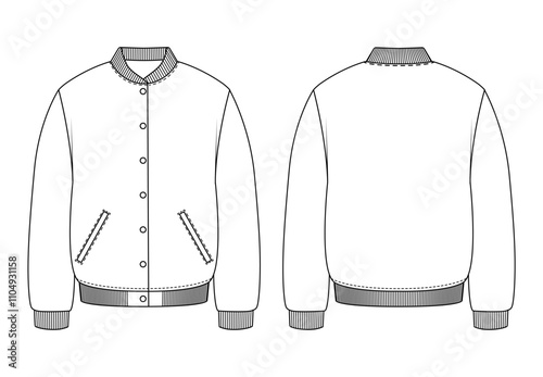 Technical drawing of a baseball jacket. The front and back views show a ribbed collar, cuffs, and waistband, with button closure and angled pockets.