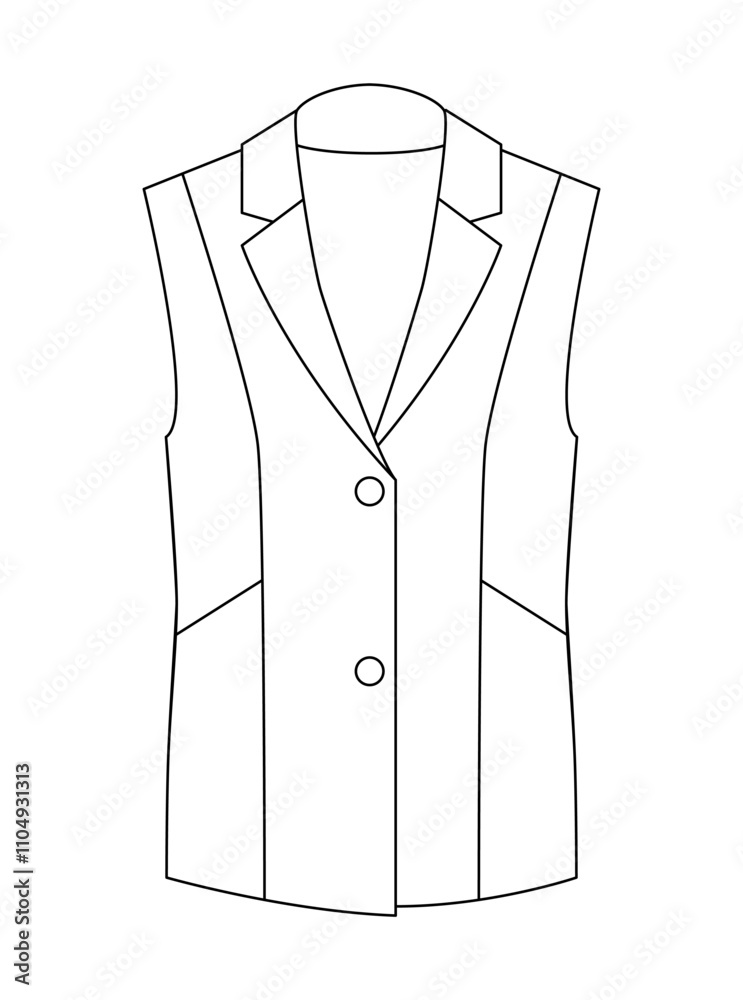 Technical illustration of a women's formal vest with a V-neck, button closure, and structured fit, ideal for formal occasions or office wear. Technical illustration of a women's formal vest with a V-neck, button closure, and structured fit, ideal for formal occasions or office wear.
