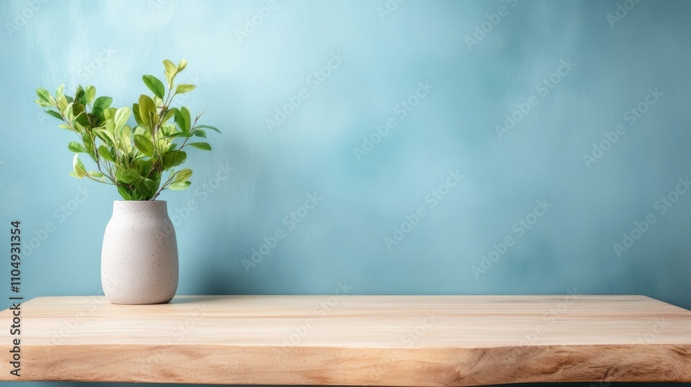 Empty Wooden Table Top with Green Plant on Blue Background Empty Wooden Table Top with Green Plant on Blue Background