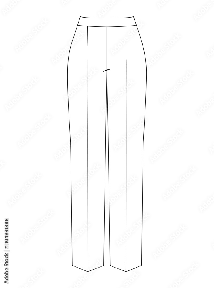 Technical illustration of women's straight-leg pants with a clean design and high waist, perfect for office wear. Technical illustration of women's straight-leg pants with a clean design and high waist, perfect for office wear.