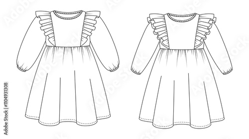 Technical drawing of a women's dress with ruffle sleeves, a cinched waist, and a pleated skirt, designed for casual or semi-formal wear.