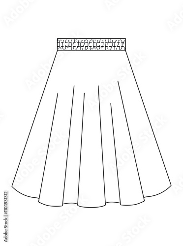 Technical drawing of a pleated midi skirt with a wide elastic waistband, designed for comfort and versatile styling options.