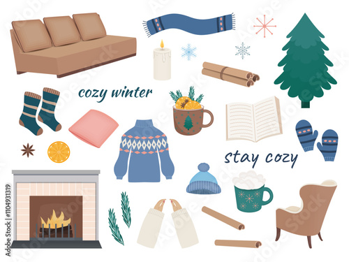 Set cozy winter. Elements isolated on transparent and white background for winter and autumn. Clothes for cold season. Vector illustration. Fireplace and furniture. Tea and coffee with spices.