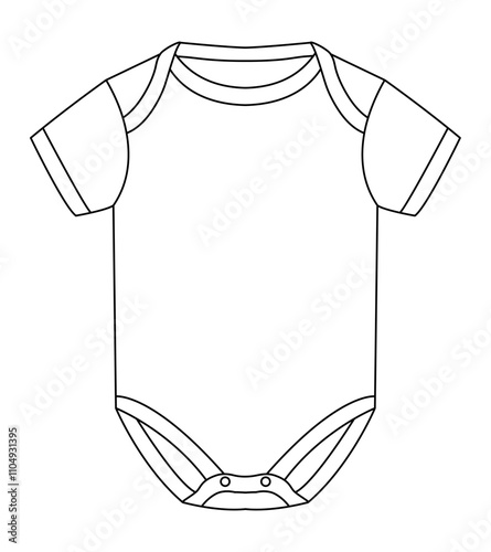 Technical illustration of a baby bodysuit with snap closures for easy changing, designed for comfort and ease.