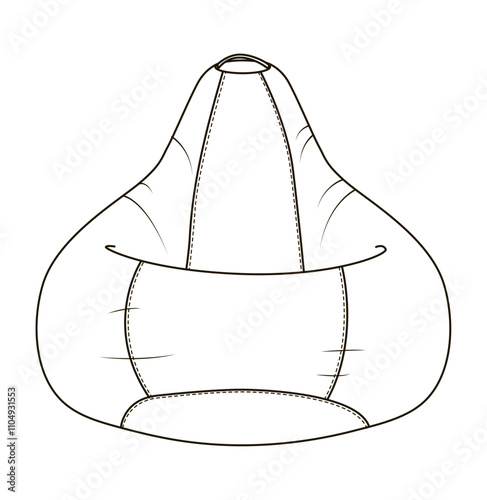 Technical drawing of a bean bag chair, showcasing a top and front view with smooth curves and a central seam for shape definition. Suitable for casual indoor seating designs.