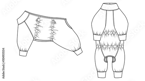 Technical drawing of a dog jumpsuit, featuring both front and back views, with detailed stitching and lacing for adjustable fit. Ideal for pet fashion designs.