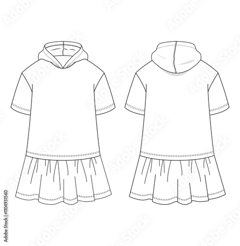 Technical drawing of a child's hooded dress, featuring front and back views with a flared ruffled skirt. Ideal for casual or party wear designs.