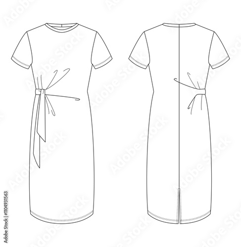 Technical drawing of a women's belted tunic dress, showcasing front and back views with a side tie detail. Suitable for casual or business casual wear.