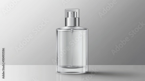 White glass bottle with sprayer and lid for fragrance. Empty transparent cosmetic container mockup. Realistic 3d vector illustration set of perfume water packaging. Essence flask and flacon template.