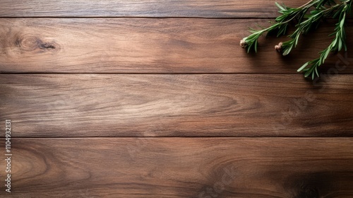 Empty Wooden Table Top with Greenery on Natural Background