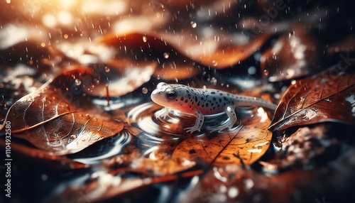 Salamander photography in a rainy atmosphere, AI Generated