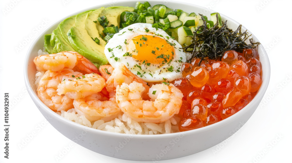 Poke bowl with flying rice and avocado, salmon fish and shrimp, onion and egg, cheese and tomato, seaweeds and salad. Cartoon vector set of traditional Hawaiian meal seafood and vegetables ingredients Poke bowl with flying rice and avocado, salmon fish and shrimp, onion and egg, cheese and tomato, seaweeds and salad. Cartoon vector set of traditional Hawaiian meal seafood and vegetables ingredients