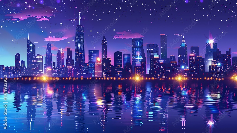 Fototapeta premium A digital illustration of a futuristic city skyline reflected in water at night.