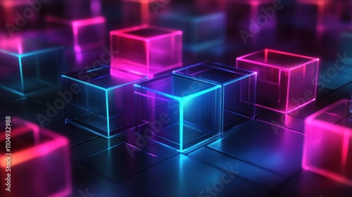 A close-up of glowing neon pink and blue cubes on a dark reflective surface.