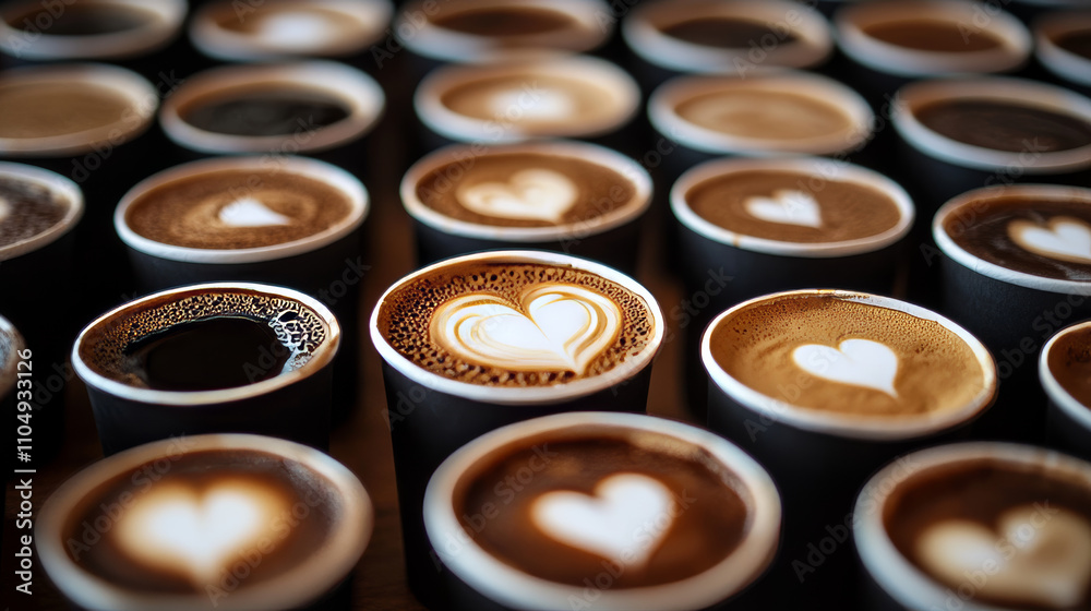Coffee in paper takeaway cup top view. Black espresso and americano, with milk and heart ornament on foam, hot with steam caffeine drink flat lay. Realistic 3d vector set of mug with beverage to go. Coffee in paper takeaway cup top view. Black espresso and americano, with milk and heart ornament on foam, hot with steam caffeine drink flat lay. Realistic 3d vector set of mug with beverage to go.