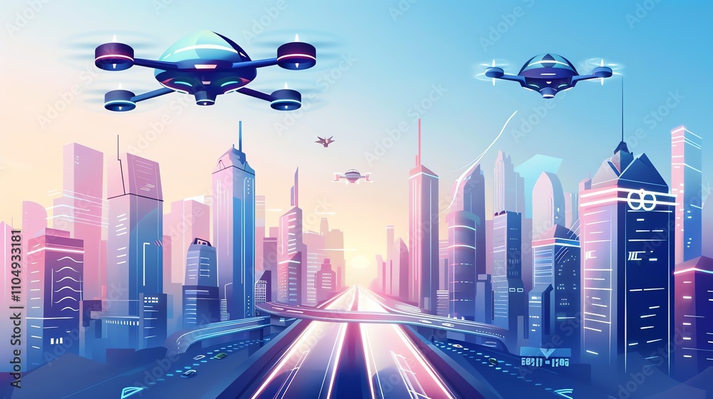 Obraz premium A digital illustration of a futuristic city at night with flying cars.