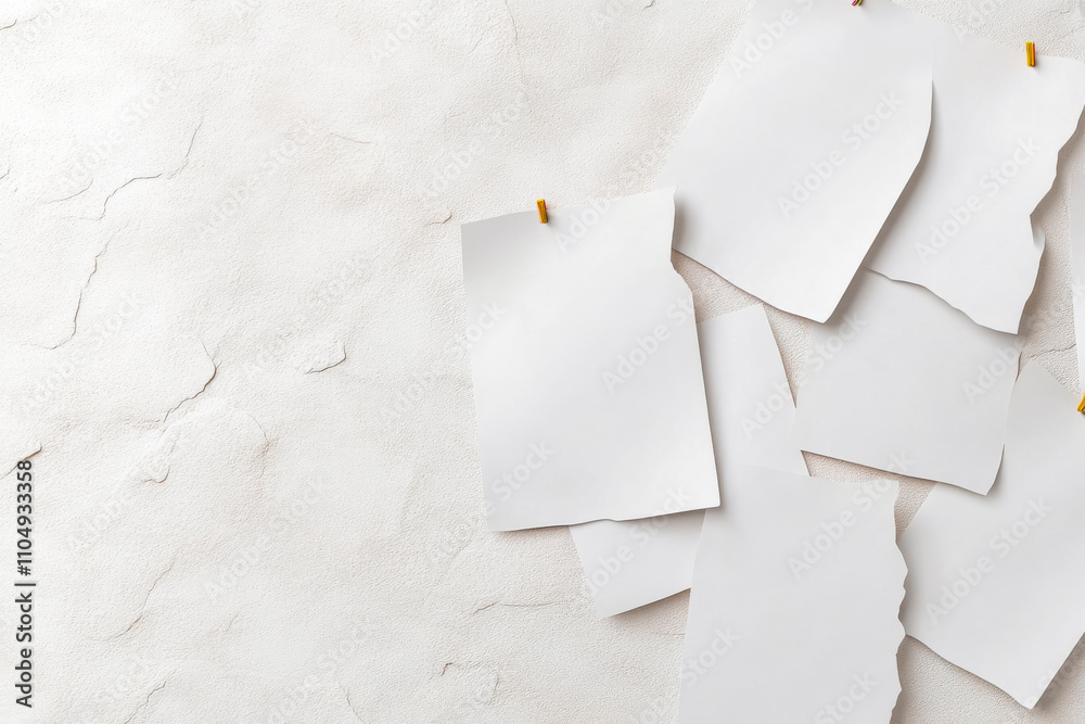 White Blank Paper Notes Pinned on Textured Wall Background for Messages and Reminders White Blank Paper Notes Pinned on Textured Wall Background for Messages and Reminders