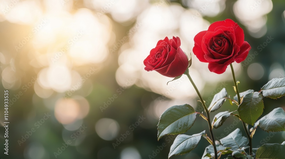 A close up shot of two red roses intertwined, their stems entwined like lovers' arms, conveying passion, romance, and a deep connection.