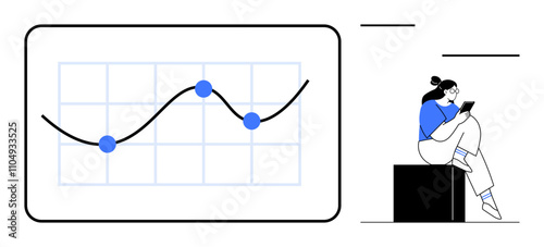 Woman sitting on a block while using a tablet, with a line graph showing data points and trends. Ideal for data analysis, business growth, technology, education, statistics, research, presentations