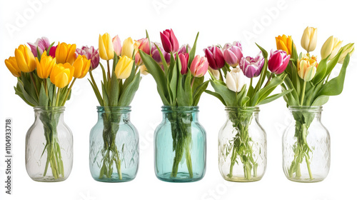 Wallpaper Mural Flower bouquet in vase. Bunch of tulip plant in glass bottle cartoon set. Cute bloom decoration from spring garden in jug. Colorful florist store wild blooming gift collection on white background Torontodigital.ca