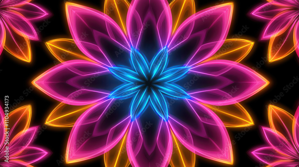Vibrant neon flower pattern with glowing petals in pink and blue hues Vibrant neon flower pattern with glowing petals in pink and blue hues