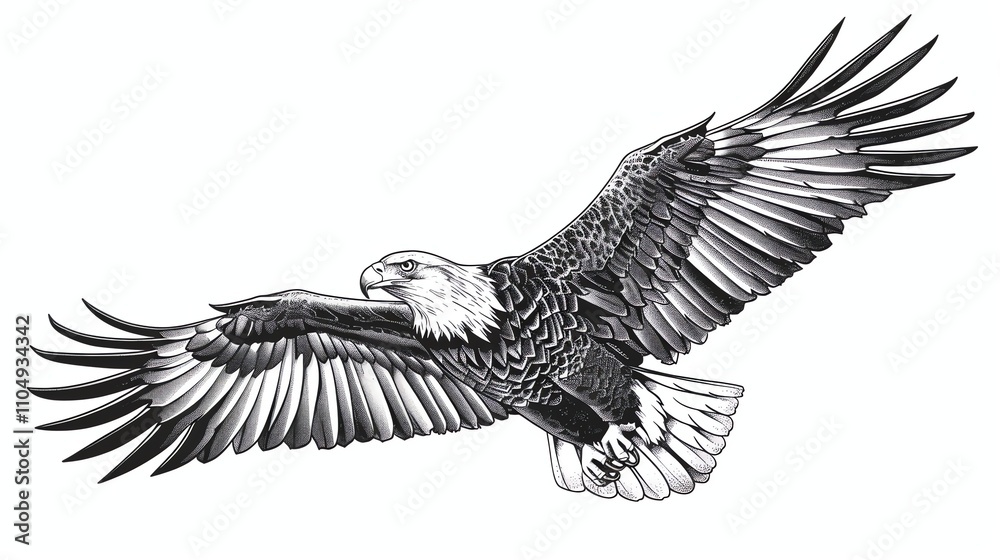 Fototapeta premium A detailed black and white illustration of a bald eagle in flight.