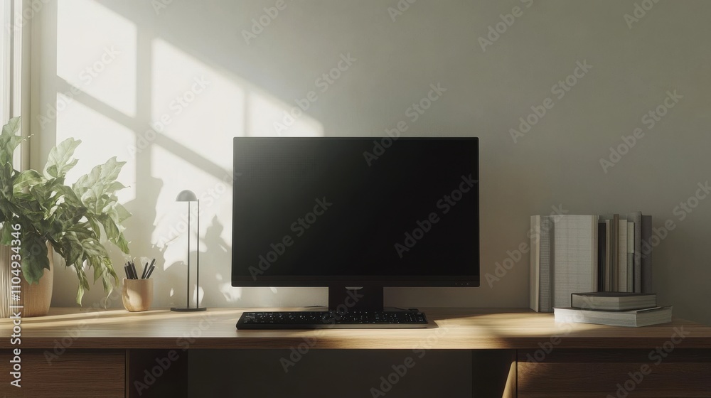 Laptop and monitor on a clean and simple desk, with minimalistic Laptop and monitor on a clean and simple desk, with minimalistic