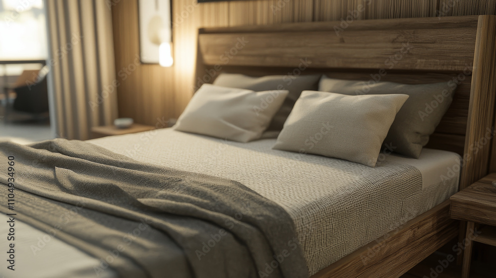 Bed with headboard for hotel or flat room interior illustration. Wooden bedroom double furniture with mattress, cotton blanket and pillow to sleep. Construct cozy modern household element for game Bed with headboard for hotel or flat room interior illustration. Wooden bedroom double furniture with mattress, cotton blanket and pillow to sleep. Construct cozy modern household element for game