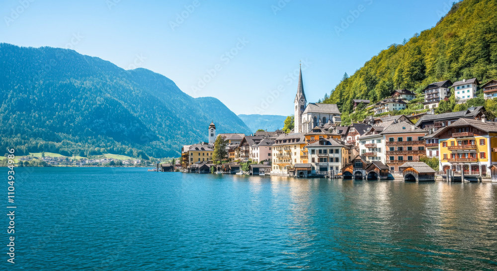 Charming village of hallstatt by lake with majestic mountain views Charming village of hallstatt by lake with majestic mountain views