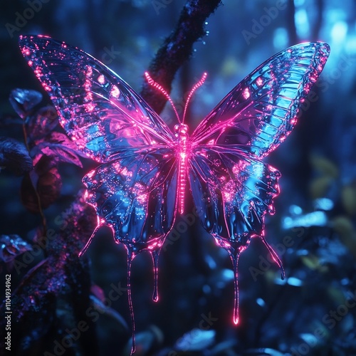 Glowing Neon Butterfly in Enchanting Nighttime Forest Scene