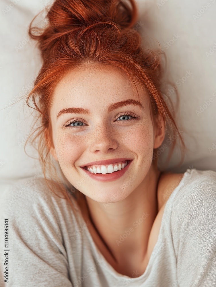 Happy cheerful young woman wearing her red hair in bun rejoicing at positive news or birthday gift, looking at camera with joyful and charming smile. Ginger student girl relaxing indoors after colleg Happy cheerful young woman wearing her red hair in bun rejoicing at positive news or birthday gift, looking at camera with joyful and charming smile. Ginger student girl relaxing indoors after colleg