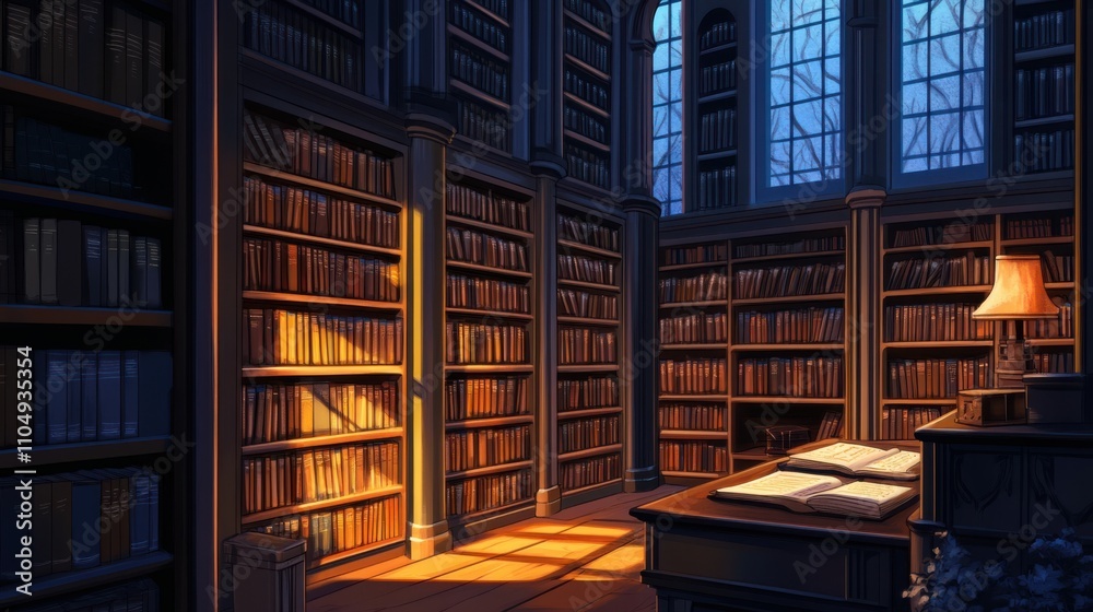 Library scene with tall bookshelves filled with academic books, Library scene with tall bookshelves filled with academic books,