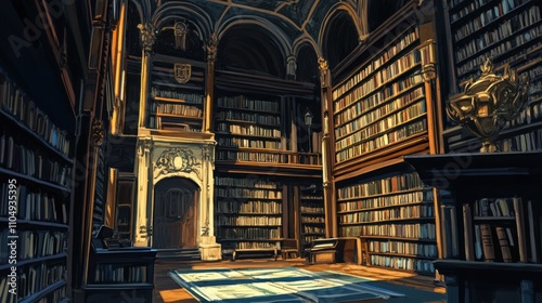 Library scene with tall bookshelves filled with academic books,