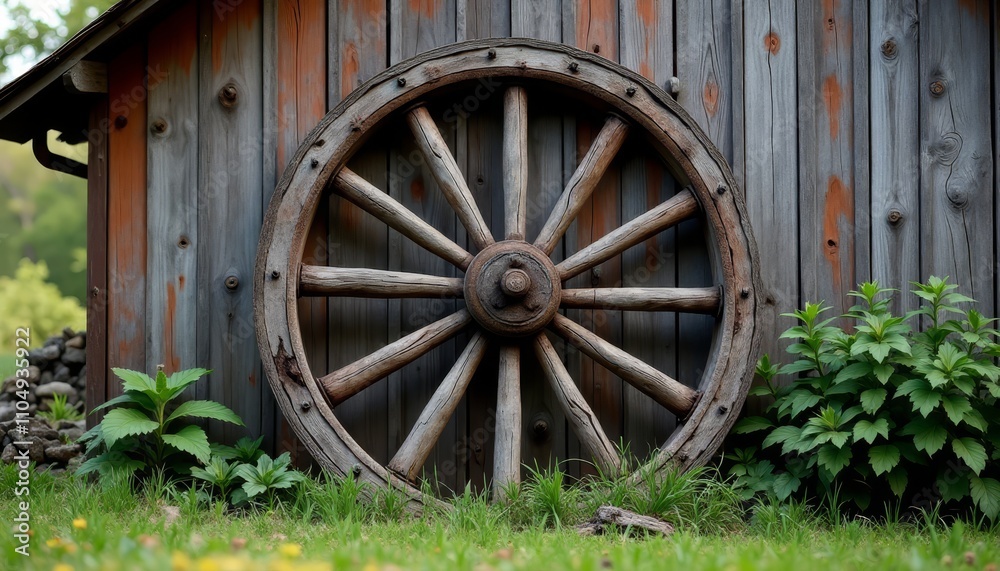 Old wooden wagon wheel on barn wall Old wooden wagon wheel on barn wall