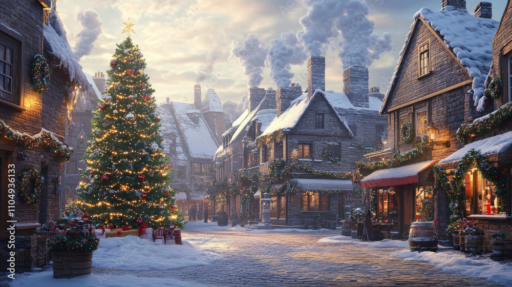 Old European city square on Christmas. Vector cartoon illustration of cozy winter town street with decorated X-mas tree, holiday wreath on door, garland lights in cafe, chimney smoke on snowy roofs Old European city square on Christmas. Vector cartoon illustration of cozy winter town street with decorated X-mas tree, holiday wreath on door, garland lights in cafe, chimney smoke on snowy roofs