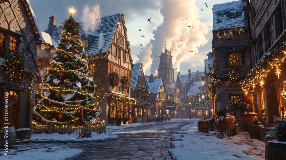 Old European city square on Christmas. Vector cartoon illustration of cozy winter town street with decorated X-mas tree, holiday wreath on door, garland lights in cafe, chimney smoke on snowy roofs Old European city square on Christmas. Vector cartoon illustration of cozy winter town street with decorated X-mas tree, holiday wreath on door, garland lights in cafe, chimney smoke on snowy roofs