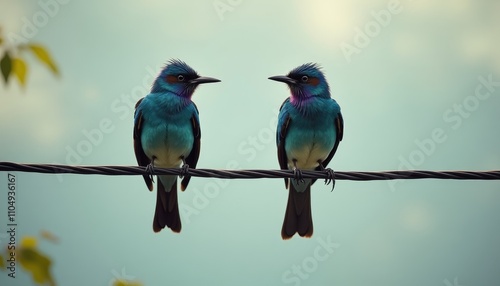 Two blue birds perched on a wire