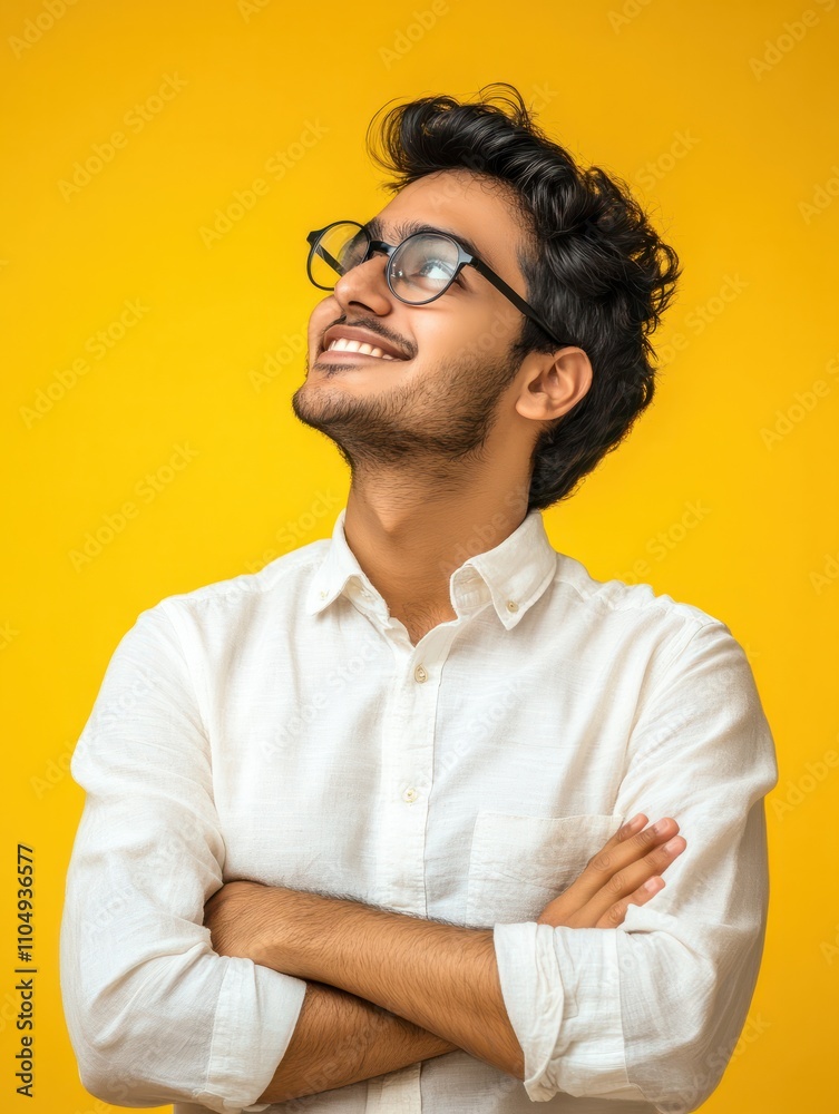 Happy joyful smiling young indian man looking aside up thinking of new good opportunities, dreaming, feeling inspired and proud standing isolated on yellow background. Portrait Happy joyful smiling young indian man looking aside up thinking of new good opportunities, dreaming, feeling inspired and proud standing isolated on yellow background. Portrait