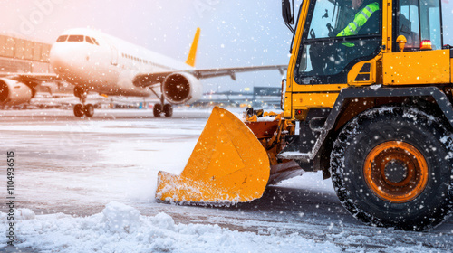 Snowplow clearing snow at airport runway during winter weather conditions