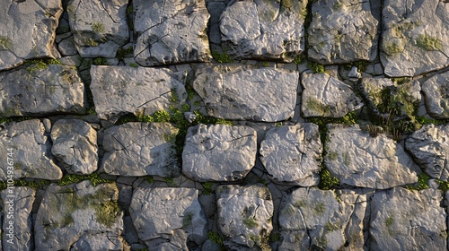 A close-up of a rough stone wall with green moss.