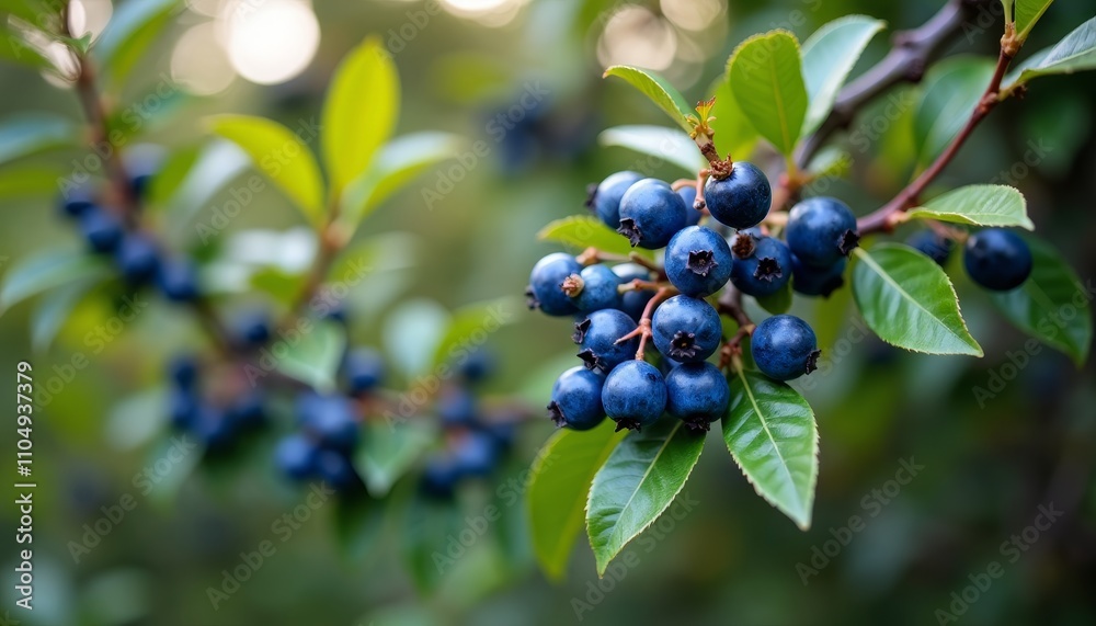 Ripe blueberries hanging from a green leafy branch Ripe blueberries hanging from a green leafy branch