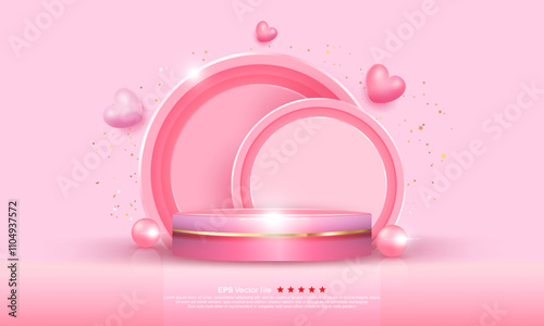 3D pink cylinder pedestal podium background with wall scene decorated with several floating hearts. Minimal mockup product stage exhibition. Abstract vector geometric platform