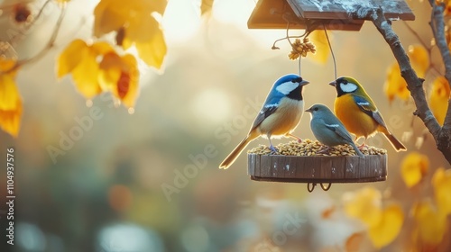 Little birds feeding on a bird feeder with sunflower seeds on autumn background. Great tit, blue tit, sparrow, greenfinch