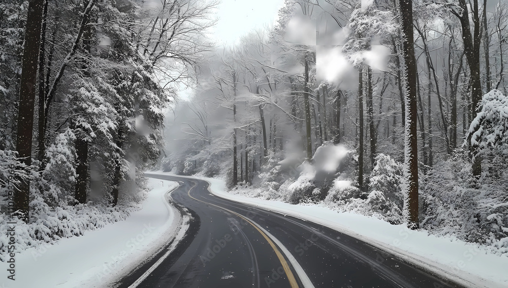 A snowy road with trees in the background A snowy road with trees in the background