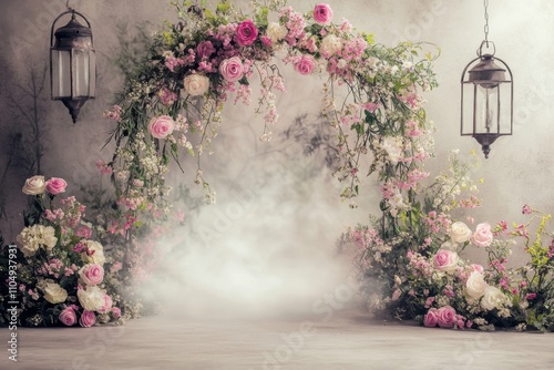 Beautiful romantic scene white background focal point archway Maternity backdrop, wedding