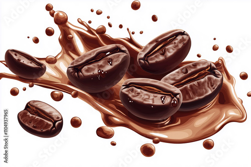 Close up of roasted coffee beans with a swirling coffee splash, emphasizing flavor and energy