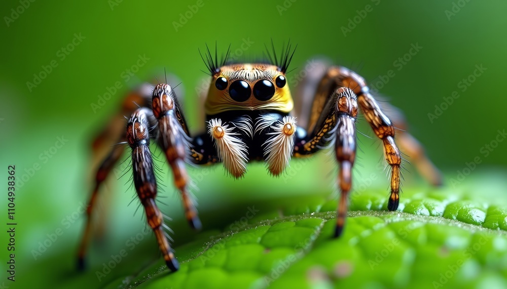 Yellow-faced spider with black and orange stripes on a green leaf Yellow-faced spider with black and orange stripes on a green leaf