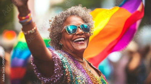 Elderly African-American woman curly hair sunglasses smiling widely Happy black senior gay