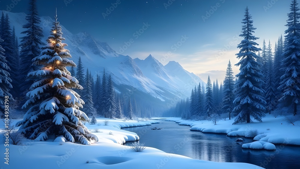 Fototapeta premium A Winter Wonderland Background of Fir Trees and Stars