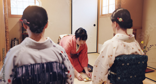 Принти на полотні Tea room, hostess and women with sweet, wagashi and traditional kimono for culture